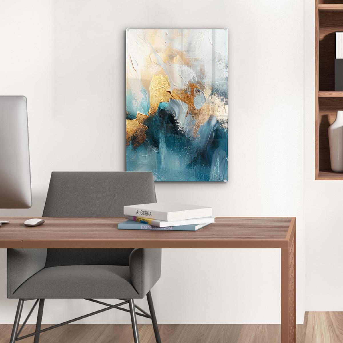 ACRYLGLASBILD Abstrakt - Kunst - Gold - Blau Wanddeko Wohnzimmer 40x60 cm - Petrol, Glas (40/60cm) - MuchoWow