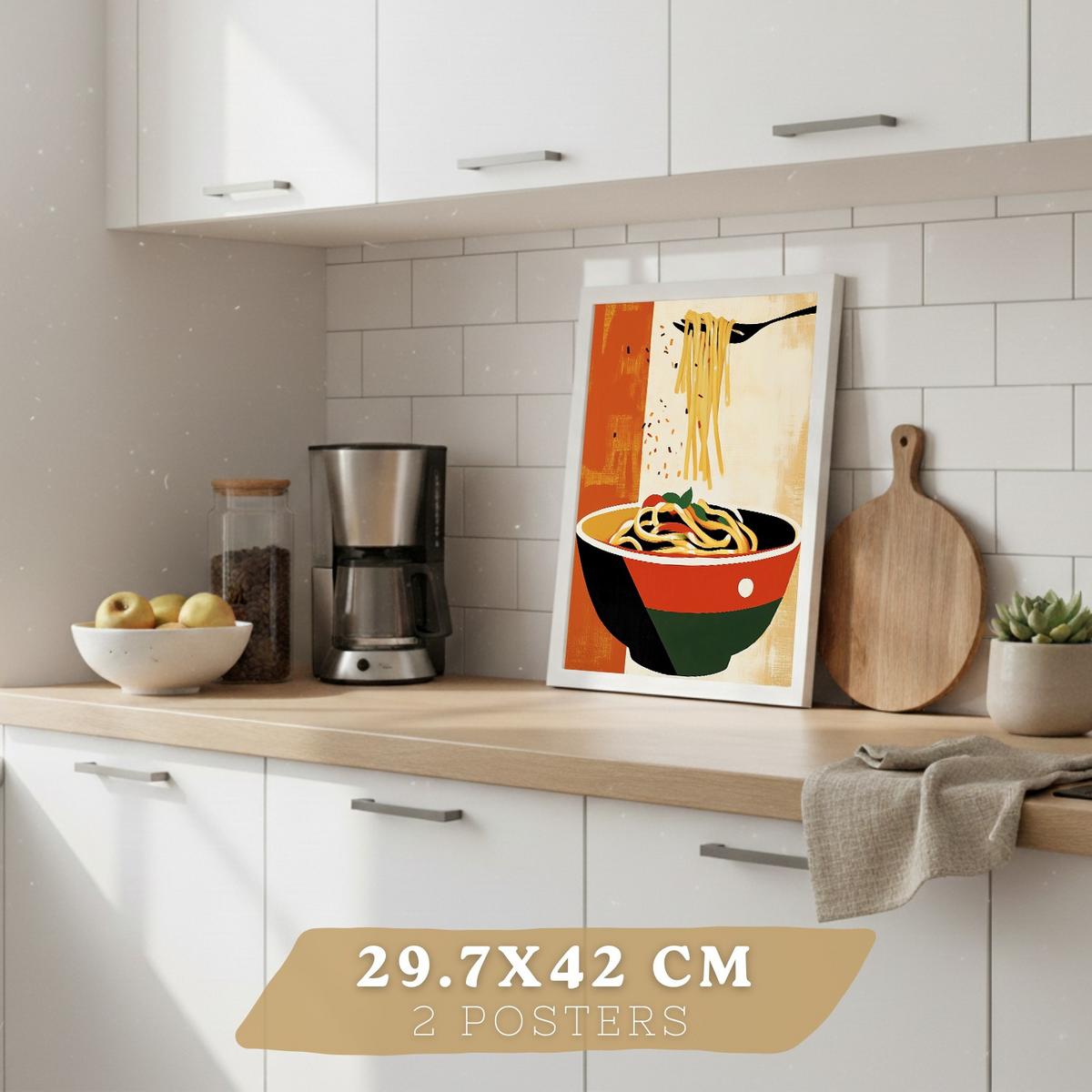 POSTER 2er Set Küchen-Wandbilder Rotwein und Pasta Vintage Retro Esszimmer Wanddeko Rahmenlos A3 - Weiß, Papier (29.7/1/42cm) - Nacnic