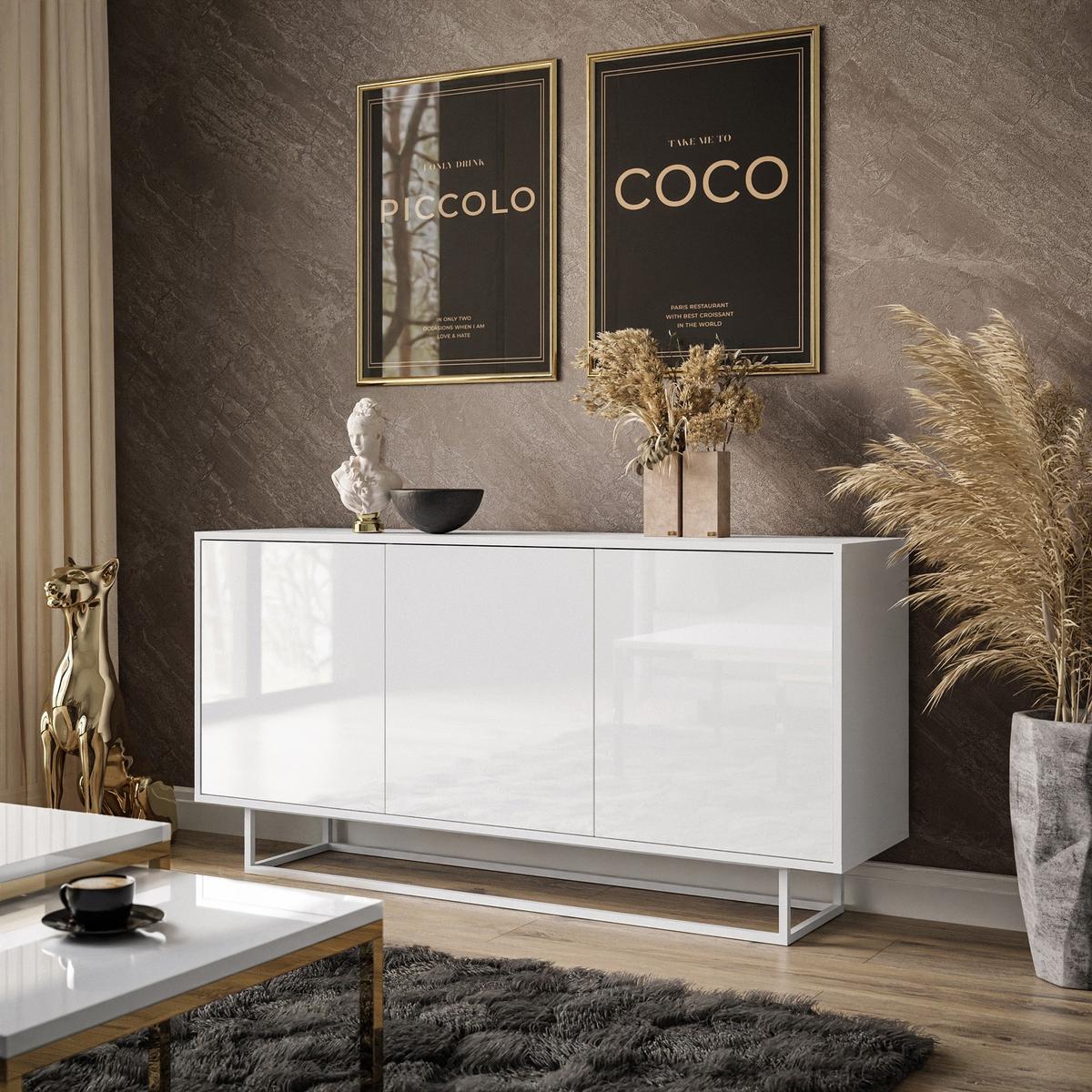 SIDEBOARD SANAYI auf weißem Gestell, Hochglanz Weiß - Weiß Hochglanz/Weiß, Holzwerkstoff (154/75/40cm) - Lookway