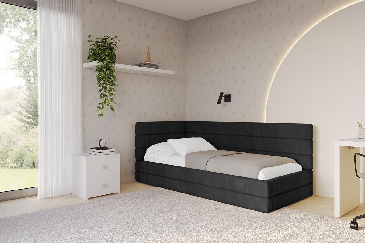 EINZELLBETT Jugendbett mit Bettkasten, Rechts - BEMY 100x200 Schwarz - Anthrazit, Holzwerkstoff/Textil (100/200cm) - ALTDECOR