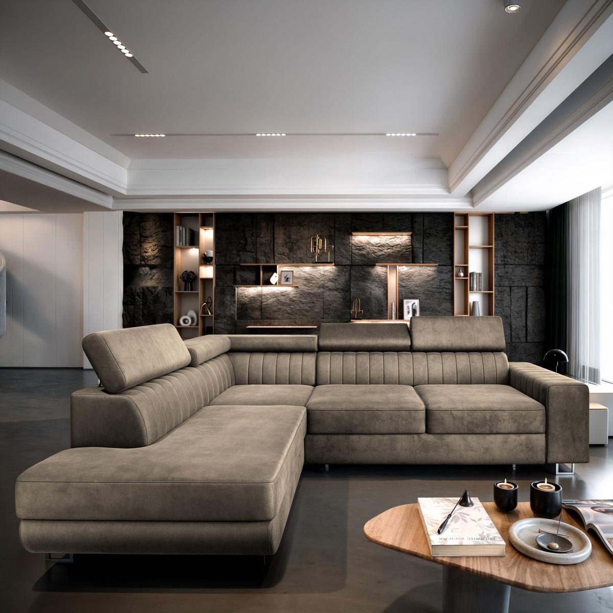 ECKSOFA NOLA L-S Beige Velours-Stoff mit Schlaffunktion - Beige/Silberfarben, Holz/Textil (253/190cm) - MASSENO