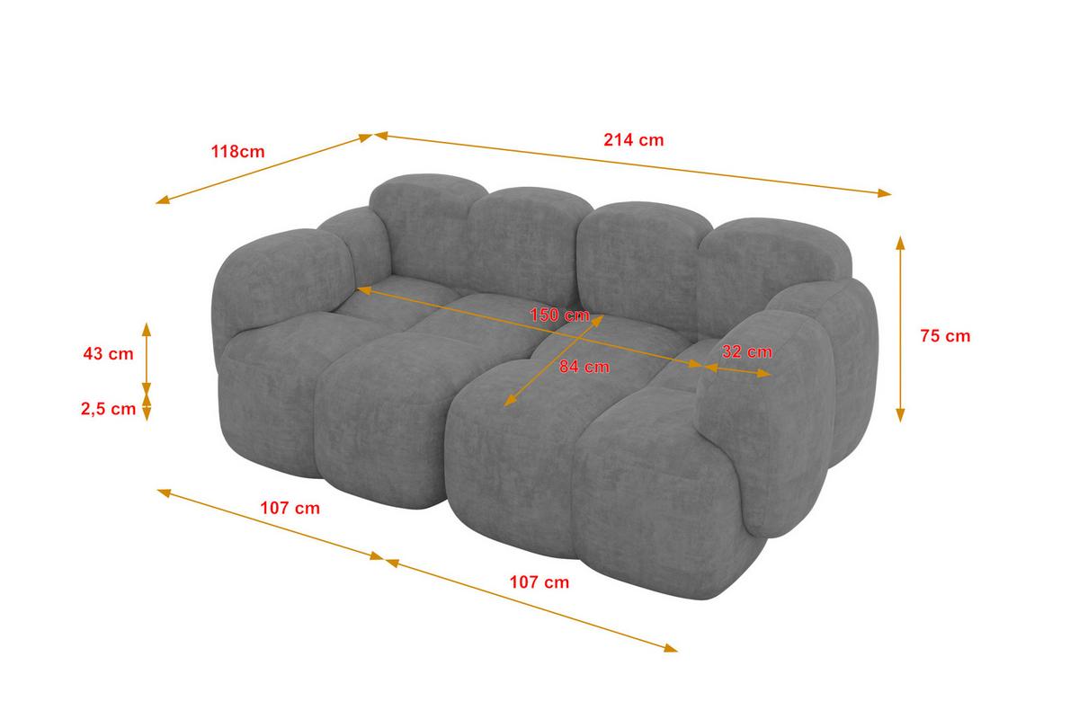 2-SITZER modulares Sofa Miko-S1 214x118x75 cm Grau Velours - Schwarz/Grau, Holzwerkstoff/Kunststoff (214/75/118cm) - ALTDECOR