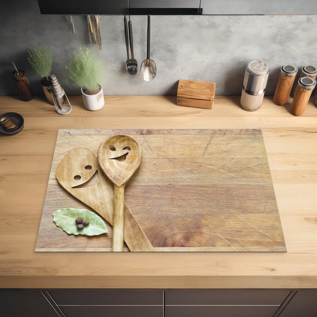 HERDABDECKPLATTE Holz - Löffel - Braun - Smiley Herdabdeckung Induktionsfeld 75x52 cm - Hellbraun, Kunststoff (75/52/0.2cm) - MuchoWow