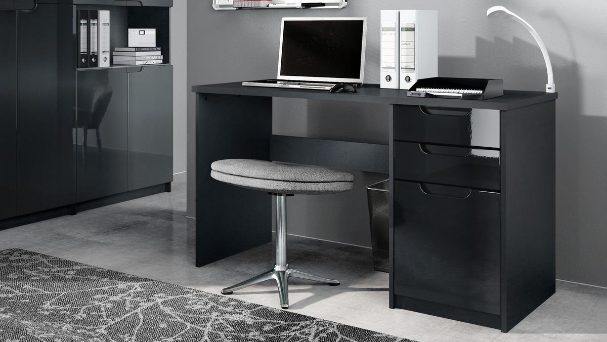 BÜROMÖBELSET Paris Schwarz Hochglanz - Schwarz Hochglanz, Holzwerkstoff (60/180/76cm) - Vladon
