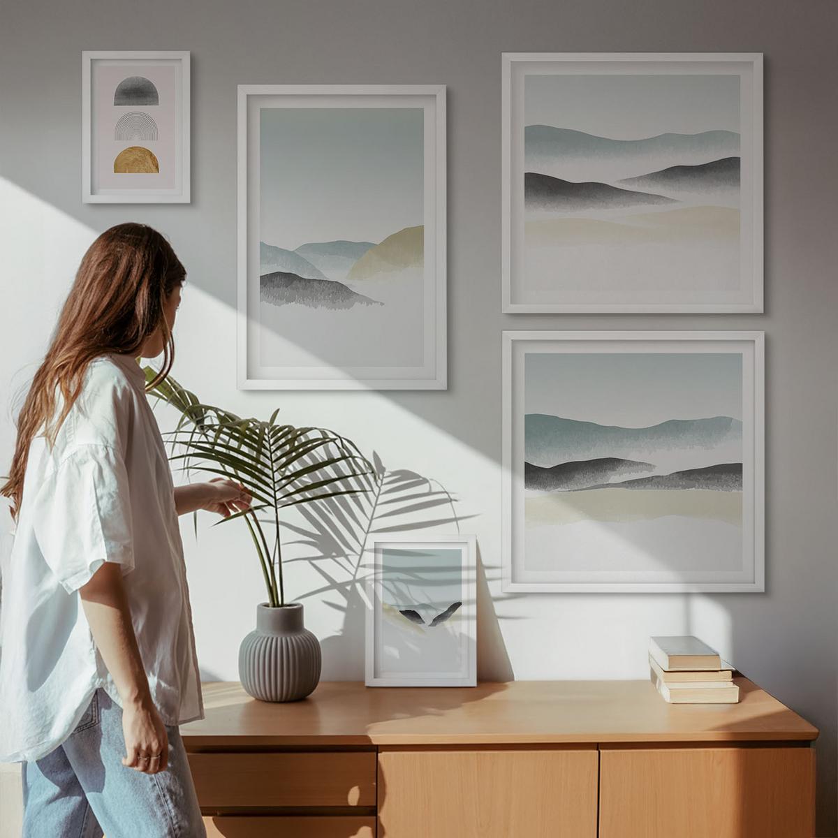 BILDER SET 5er Set - 50x50 cm & 20x30 cm & 40x60 cm Weißer Rahmen - Wellen – Japanische Kunstgrafik - Weiß, Kunststoff (40/60cm) - TULUP