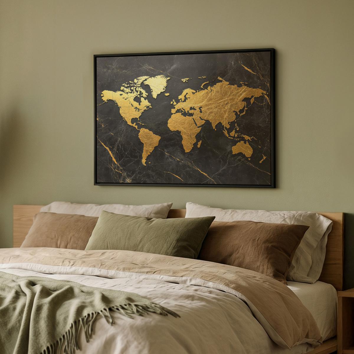 LEINWAND Bilder mit Rahmen - Weltkarte - Gold - Marmor - 70x50 - Goldfarben, Textil (70/50cm) - MuchoWow