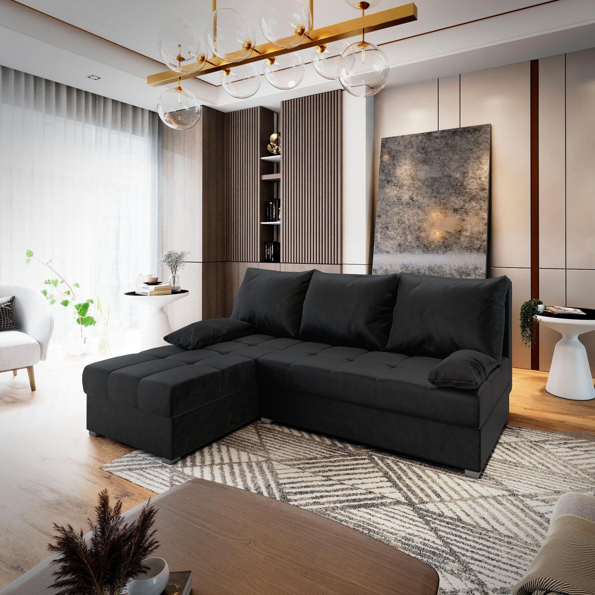 ECKSOFA RITA Schwarz Plüsch-Stoff mit Schlaffunktion - Schwarz/Grau, Holz/Kunststoff (200/141cm) - MASSENO