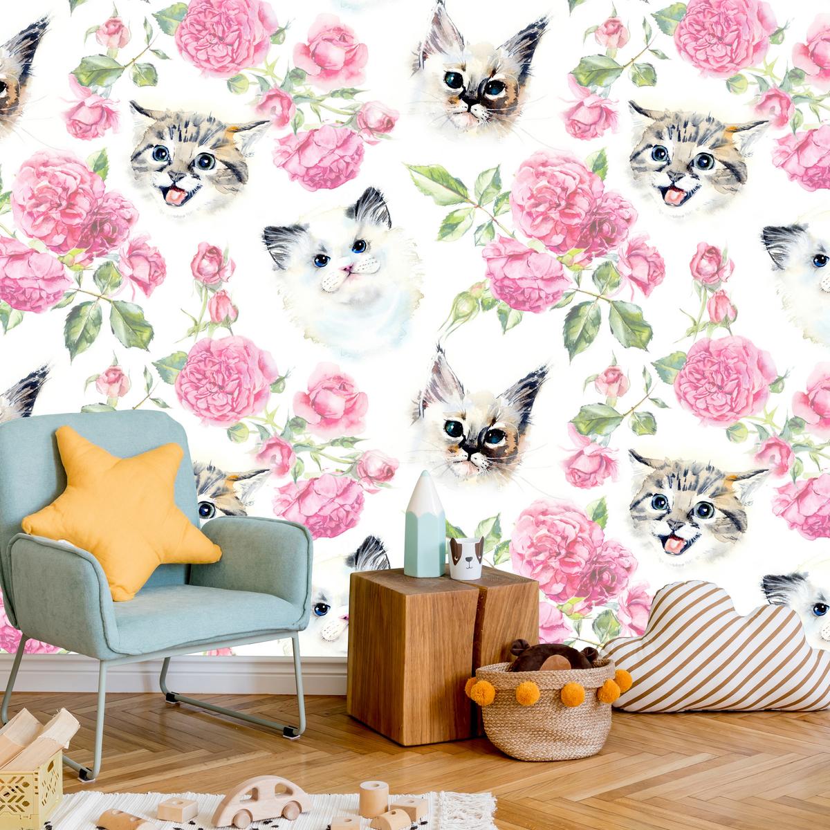 FOTOTAPETE für Badezimmer Kätzchen Rosen Blumen 150x105 - Beige/Rosa, Papier (150/105cm) - Muralo
