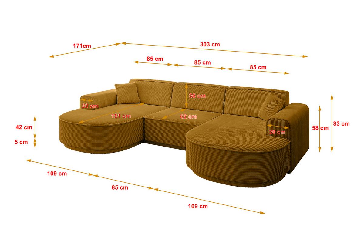 WOHNLANDSCHAFT MARI-U1-v3 - 303x171x83 cm Senfgelb Cord - Gelb/Schwarz, Holzwerkstoff/Kunststoff (303/83/171cm) - ALTDECOR
