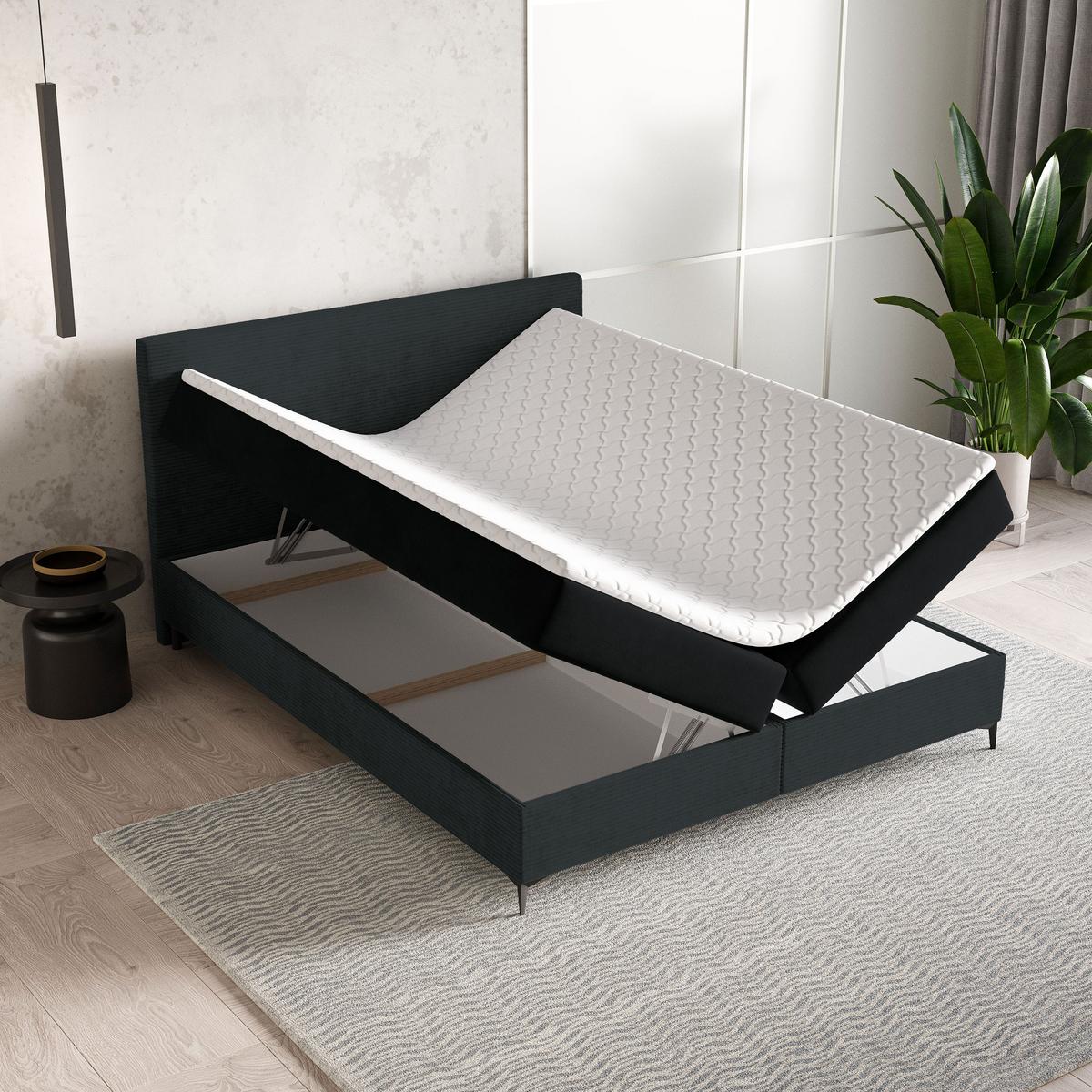 BOXBETT TORREL 160x200 cm mit Matratze und Topper - Schwarz - Schwarz, Holz (160/200cm) - MASSENO