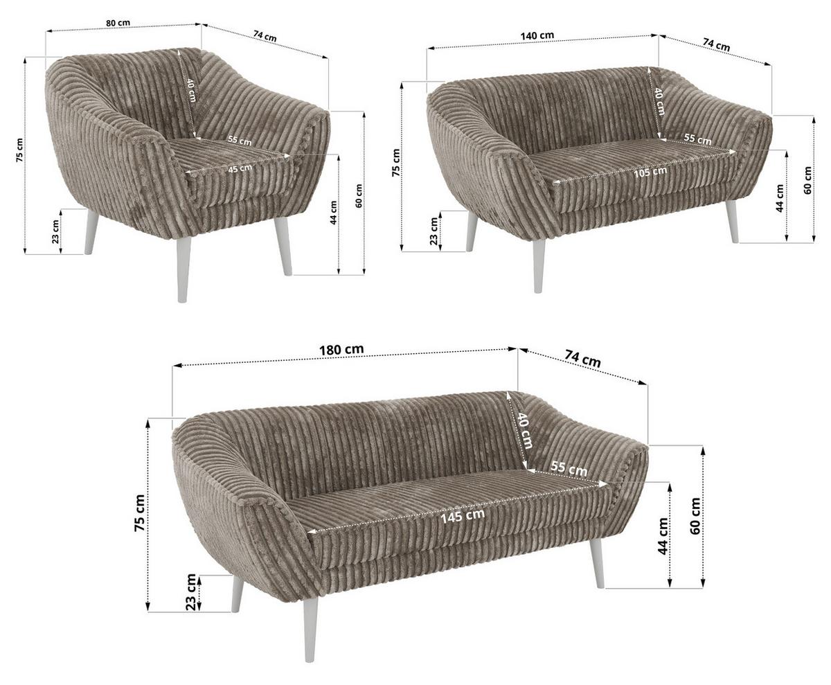 SITZGARNITUR PIRS 3+2+1 - Hellbraun Cord - Weiße Beine - Hellbraun/Weiß, Holzwerkstoff/Textil (180/75/74cm) - MKS