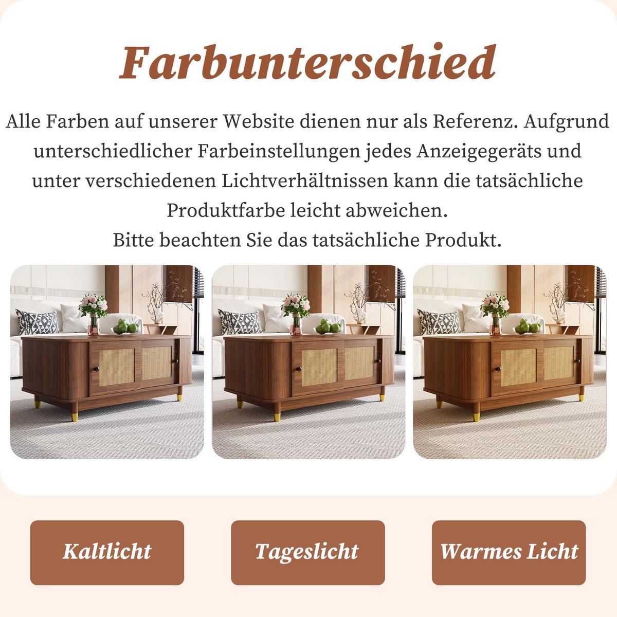 COUCHTISCH nussbaum-optik & rattan schiebetüren & abgerundete ecken - Walnussfarben, Holzwerkstoff (50/100/42cm) - Urban Meuble