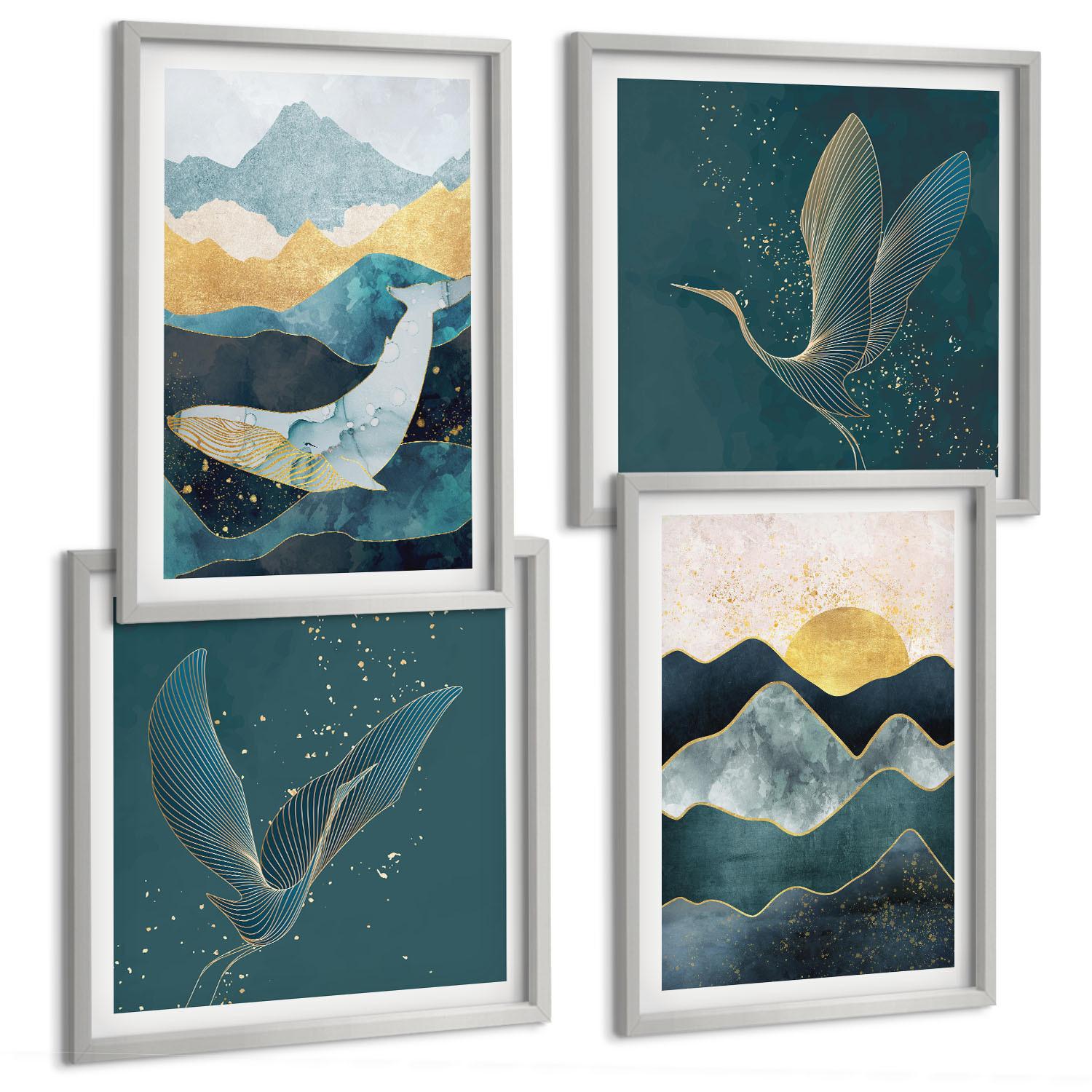 BILDER SET 4er Set - 50x50 cm & 40x60 cm Silberner Rahmen - Abstrakte Kranichberge - Silberfarben, Kunststoff (50/50cm) - TULUP