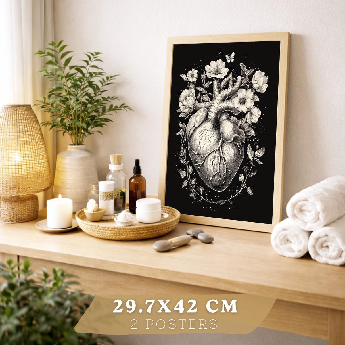 POSTER Set aus 2 Anatomie Mensch Drucke und mit Gehirn und Herz Monochromes Florales Design Schwarzer Hintergrund Größe Leichter Holzrahmen A3 - Beige, Papier (29.7/42/3cm) - Nacnic