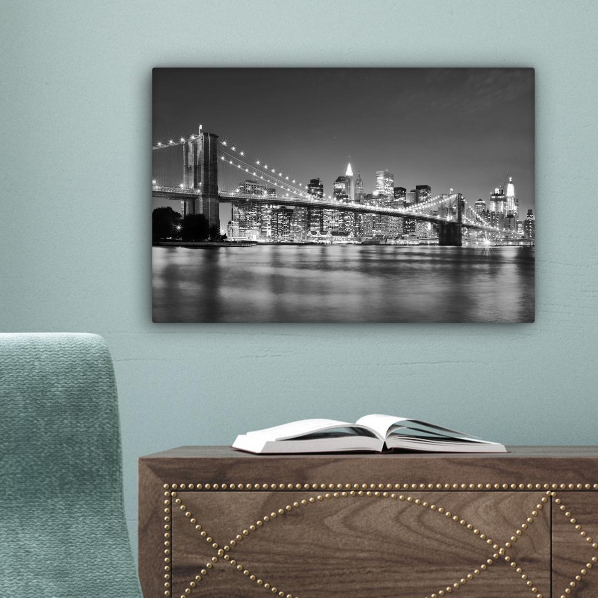 LEINWANDBILD New York - Brücke - Brooklyn - Schwarz und weiß - Architektur Deko Schlafzimmer 30x20 cm - Schwarz, Textil (30/20cm) - MuchoWow