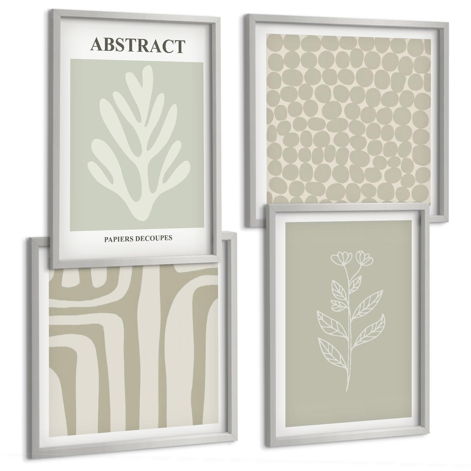 BILDER SET 4er Set - 50x50 cm & 40x60 cm Silberner Rahmen - Pflanzen- und geometrische Muster - Silberfarben, Kunststoff (50/50cm) - TULUP