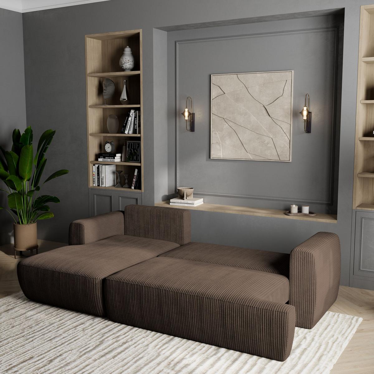 ECKSOFA SENTI P L-S Braun Kordstoff mit Schlaffunktion - Schwarz/Braun, Holz/Kunststoff (246/148cm) - MASSENO