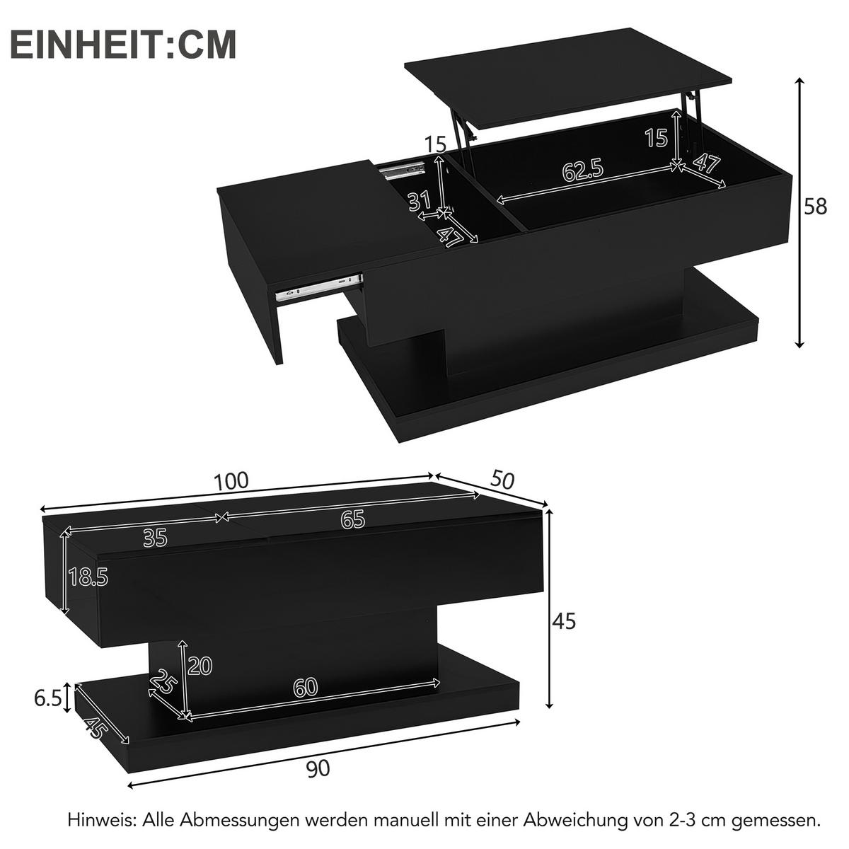 COUCHTISCH Hochglanz Schwarz mit LED Liftfunktion & Stauraum 100×50 cm - Weiß, Holzwerkstoff (50/100/45cm) - Urban Meuble