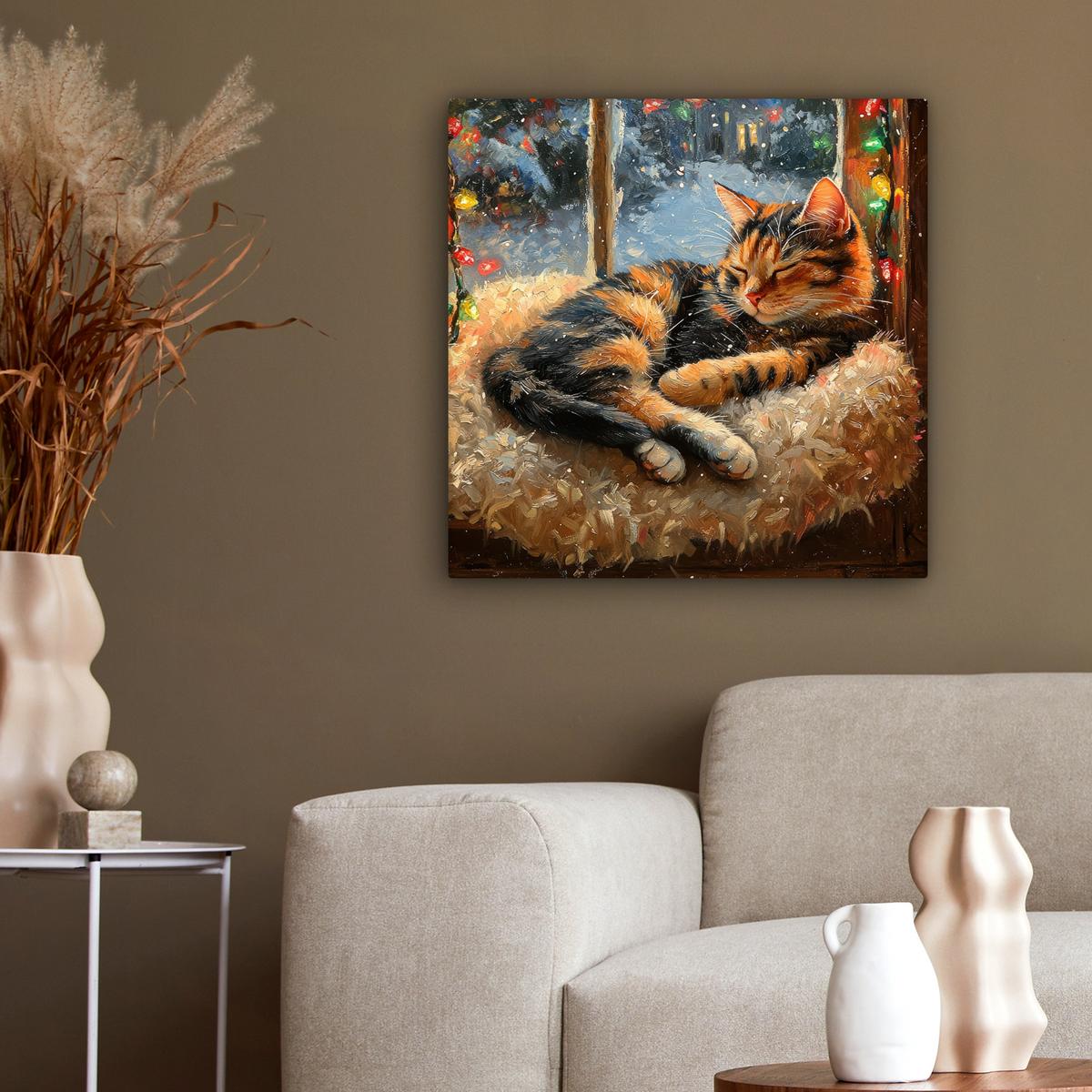 LEINWANDBILD Katze - Weihnachten - Winter - Tier Wandbild Wohnzimmer 50x50 cm - Bernsteinfarben, Textil (50/50cm) - MuchoWow