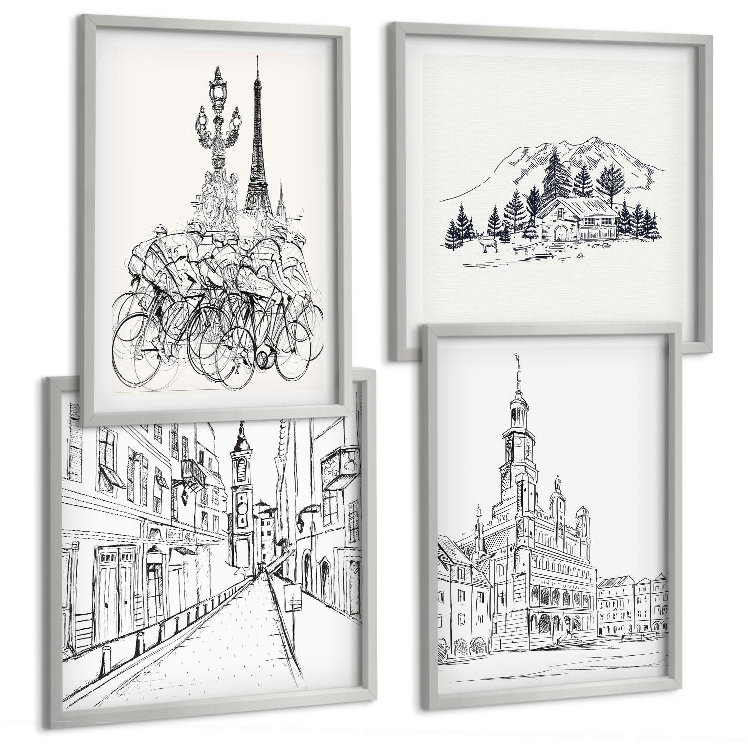 BILDER SET 4er Set - 50x50 cm & 40x60 cm Silberner Rahmen - Einfache Zeichnungen von Stadtansichten - Silberfarben, Kunststoff (50/50cm) - TULUP