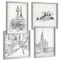 BILDER SET 4er Set - 50x50 cm & 40x60 cm Silberner Rahmen - Einfache Zeichnungen von Stadtansichten - Silberfarben, Kunststoff (50/50cm) - TULUP