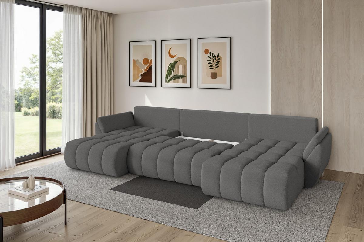 WOHNLANDSCHAFT mit Schlaffunktion und Bettkasten TOKO-U-v1 378x194x86 Grau Bouclé - Schieferfarben/Schwarz, Holzwerkstoff/Kunststoff (378/86/194cm) - ALTDECOR