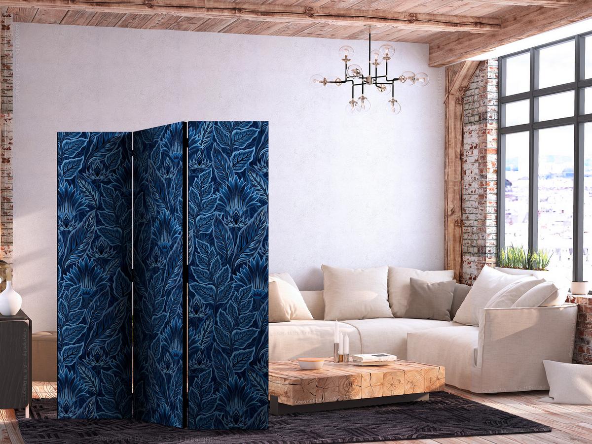 PARAVENT Akustik 3-tlg 135x172 cm Blaue Bl tter - Blau, Holz/Textil (135/172/3cm) - Muralo