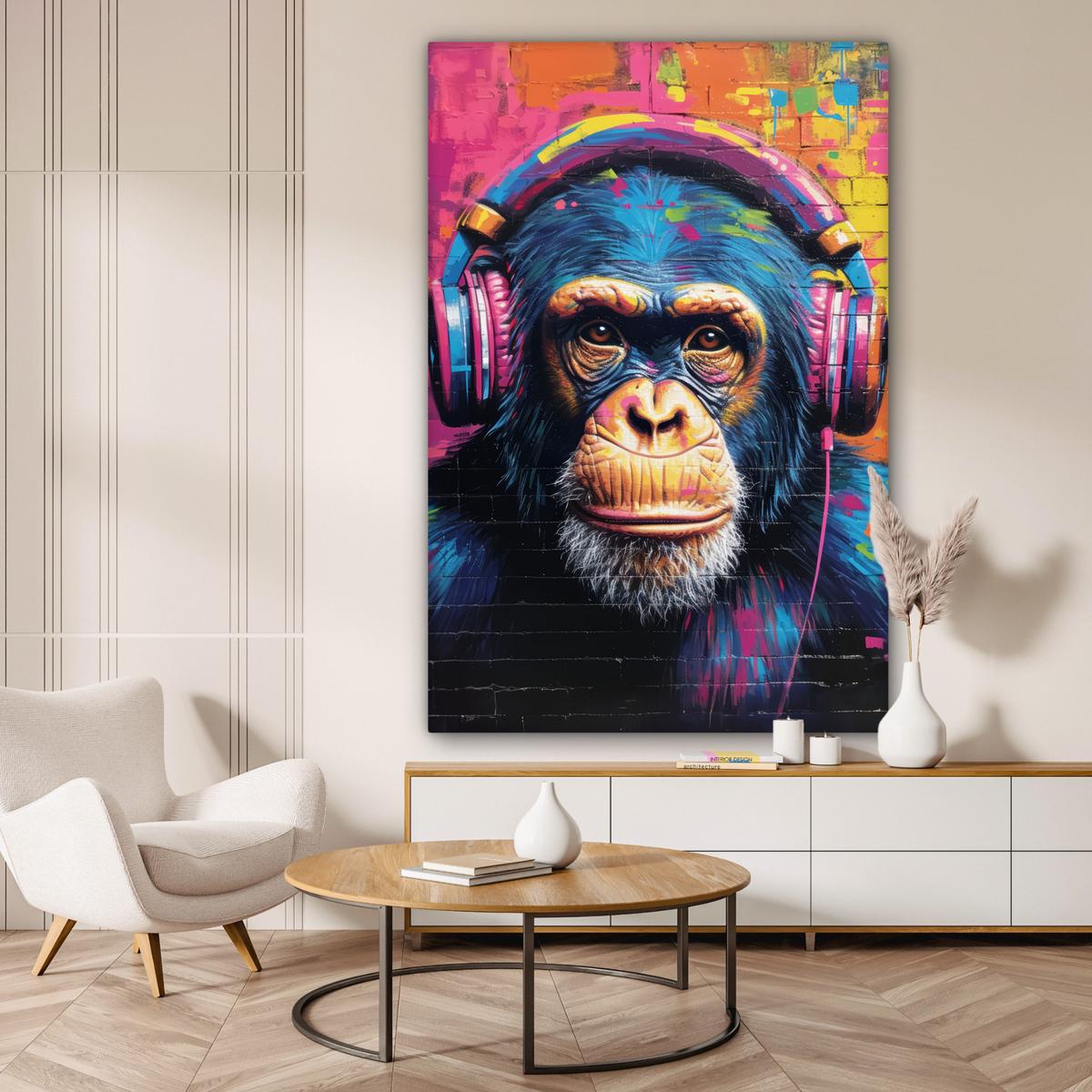 LEINWANDBILD Graffiti - Schimpanse - Straßenkunst - Kopfhörer - Affe Deko Groß 90x140 cm - Blau, Textil (90/140cm) - MuchoWow