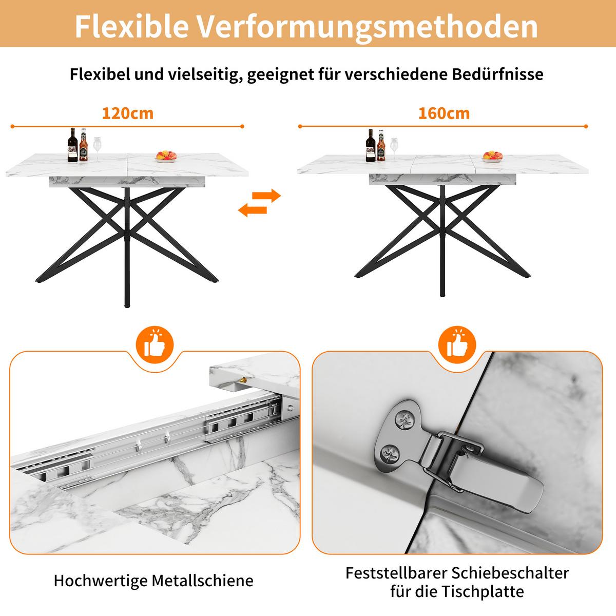ESSTISCH AUSZIEHBARER Weiß Marmoroptik mit Ausziehfunktion & Sternfuß - Hellbraun, Holzwerkstoff/Metall (80/120/66cm) - Urban Meuble