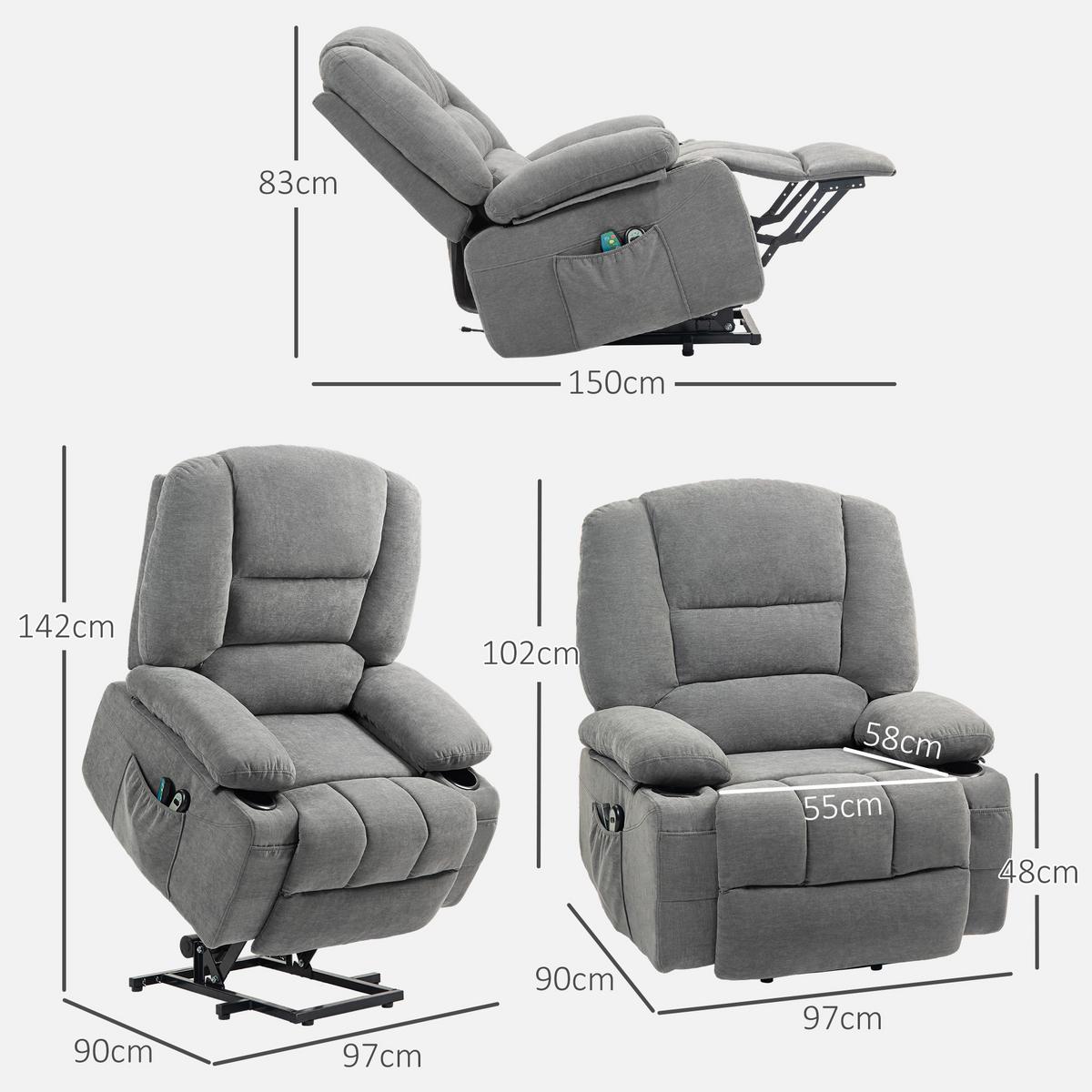 FERNSEHSESSEL mit Aufstehhilfe Elektrisch Relaxsessel mit Liegefunktion - Dunkelgrau, Textil (90/102/97cm) - HOMCOM