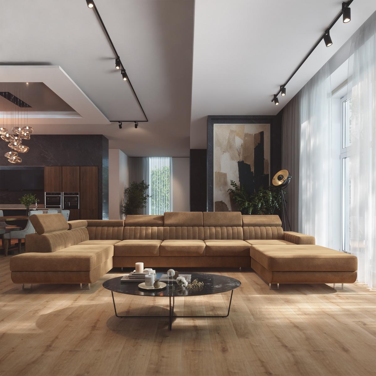 WOHNLANDSCHAFT GAIAN Beige Velours-Stoff mit Schlaffunktion - Beige, Holz (412/88/190cm) - MASSENO