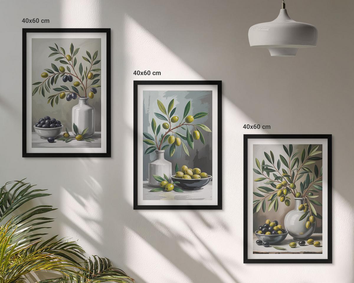 BILDER SET 3er Set - 40x60 cm Schwarzer Rahmen - Keramik olivgrau - Schwarz, Kunststoff (40/60cm) - TULUP