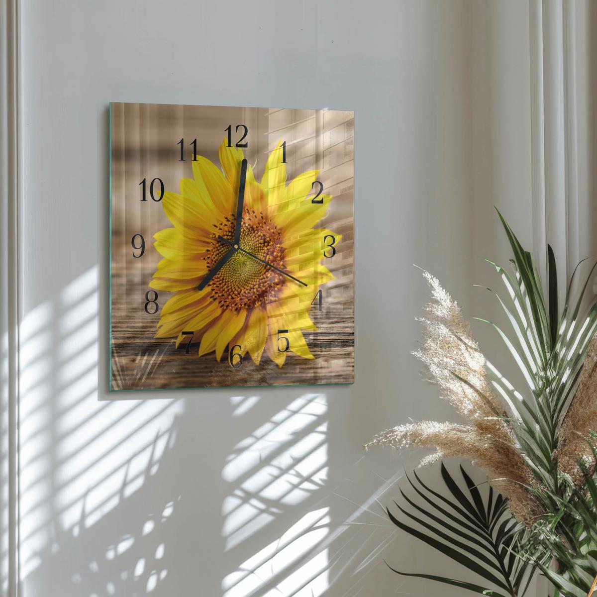 WANDUHR aus Glas 30x30 cm - Sonnenblume - Gelb, Glas (30/30/0.4cm) - TULUP