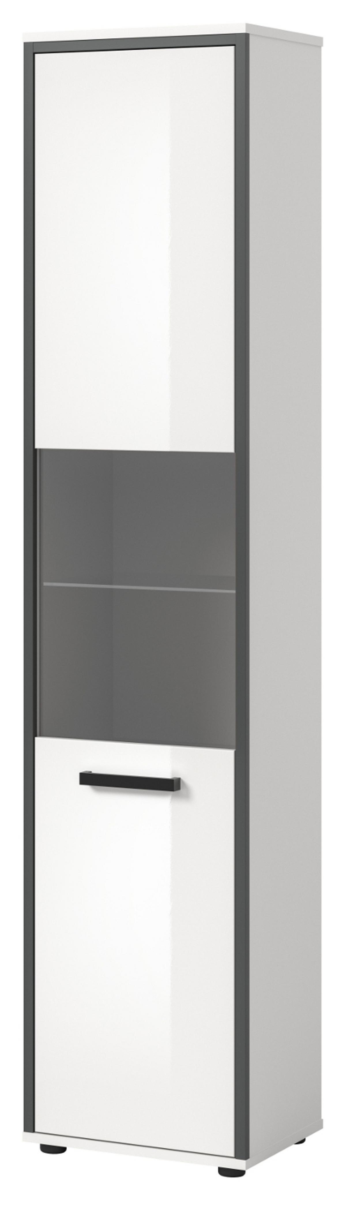 HOCHSCHRANK weiß Hochglanz, grau 40 x 185 cm, Badschrank mit 6 Fächern - Weiß Hochglanz/Schwarz, Glas/Holzwerkstoff (40/188/34cm) - Inn.Furn