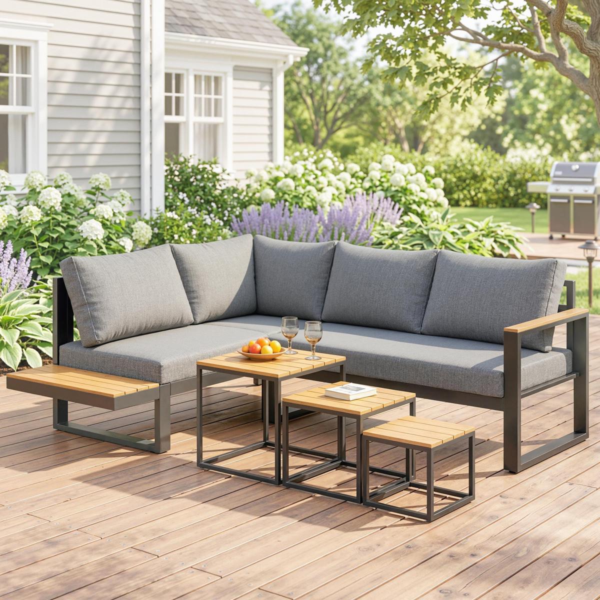 GARTENMÖBEL-SET, mit Ecksofa, Couchtisch, mit Sitzkissen, Aluminium, Kunststoff, Grau - Dunkelgrau, Metall - Outsunny