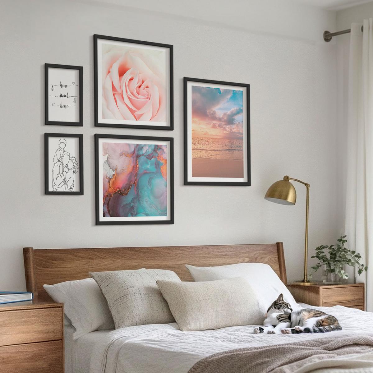 BILDER SET 5er Set - 50x50 cm & 20x30 cm & 40x60 cm Schwarzer Rahmen - Blumenfamilie minimalistisch - Schwarz, Kunststoff (40/60cm) - TULUP