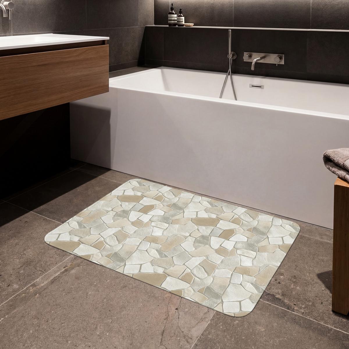 BADEMATTE Mosaik - Steine - Beige 90x60 cm - Beige/Creme, Textil (90/60cm) - OnlyWow