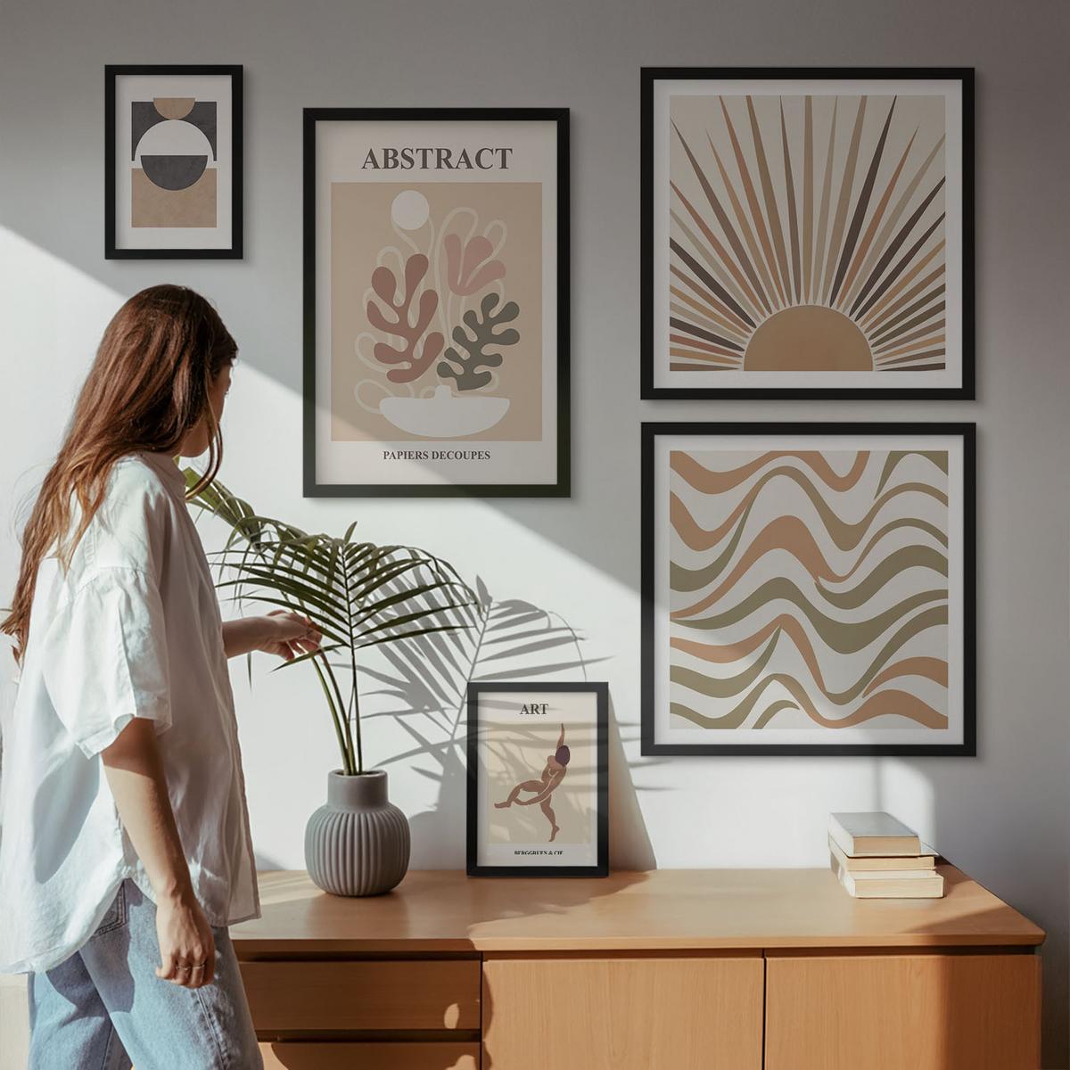 BILDER SET 5er Set - 50x50 cm & 20x30 cm & 40x60 cm Schwarzer Rahmen - Matisse Boho abstrakte Muster - Schwarz, Kunststoff (40/60cm) - TULUP