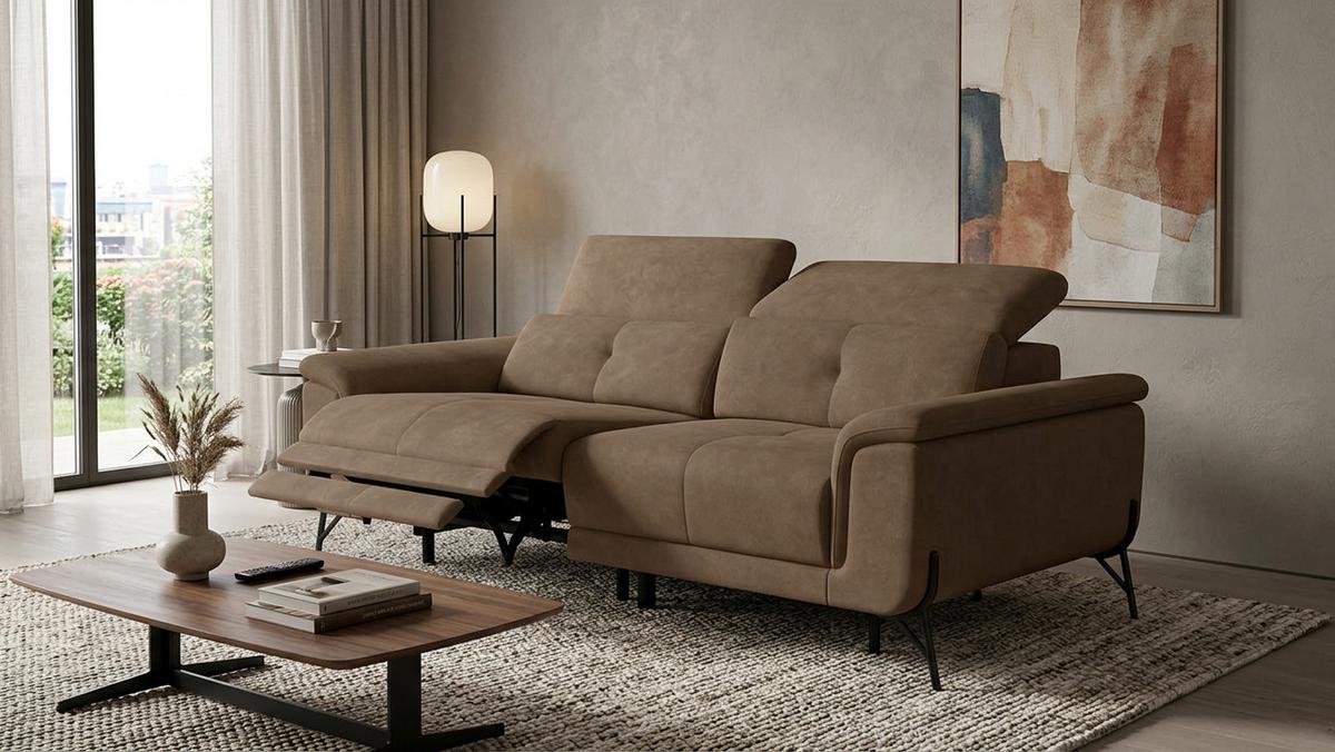 SOFA RELAX AVENA 3-Sitzer, brauner Veloursstoff - Schwarz/Braun, Holz/Textil (204/80/108cm) - Courtois Laville