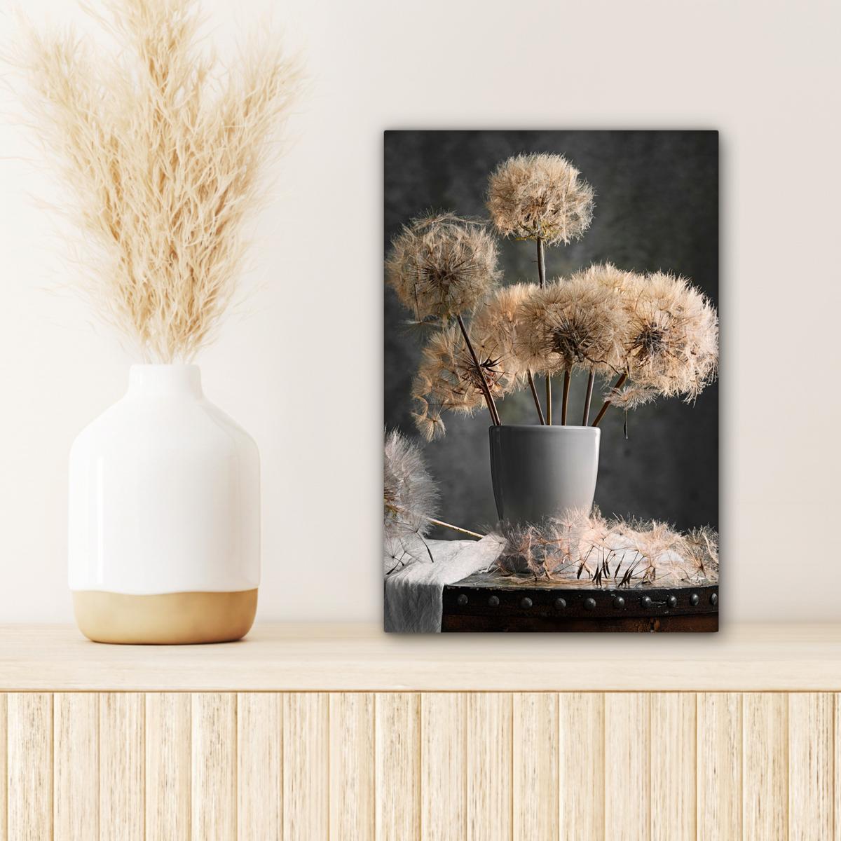 LEINWANDBILD Blumensamen - Löwenzahn - Vase - Stilleben - Blumenstrauß Deko Wohnzimmer 20x30 cm - Dunkelgrau, Textil (20/30cm) - MuchoWow