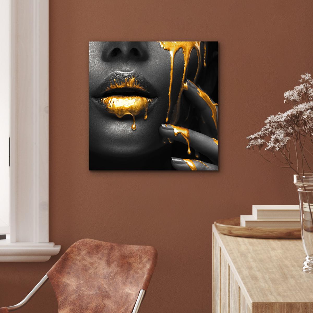METALLBILD Frau - Schwarz - Gold - Gesicht - Lippen 50x50 cm - Goldfarben, Metall (50/50cm) - MuchoWow