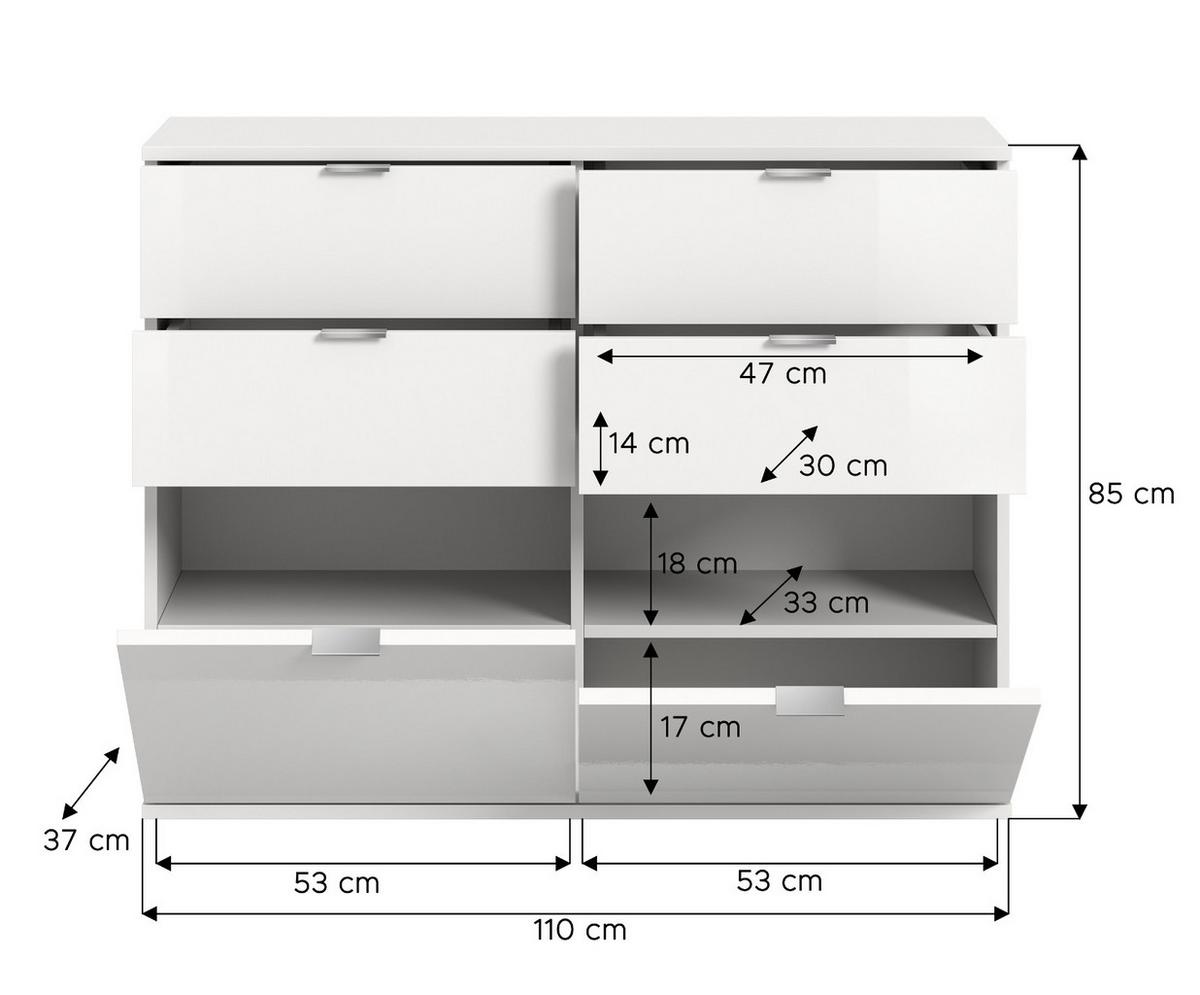 KOMMODE weiß Hochglanz 110 cm, Schuhschrank mit 4 Vollauszug Schubkästen und 4 Fächern - Chromfarben/Weiß Hochglanz, Holzwerkstoff/Kunststoff (110/85/37cm) - Inn.Furn
