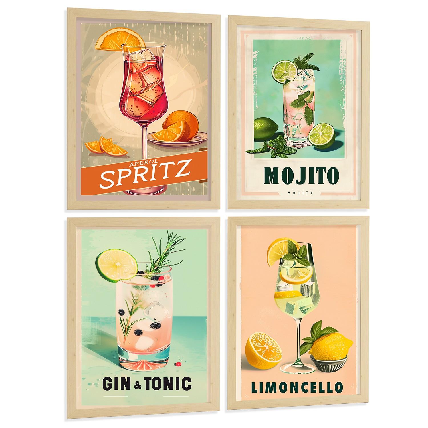 POSTER 4er Set Cocktail-Wandbilder Mojito Gin Tonic und Limoncello Vintage Retro Küche Bar Deko Leichter Holzrahmen A4 - Beige, Papier (29.7/1/21cm) - Nacnic