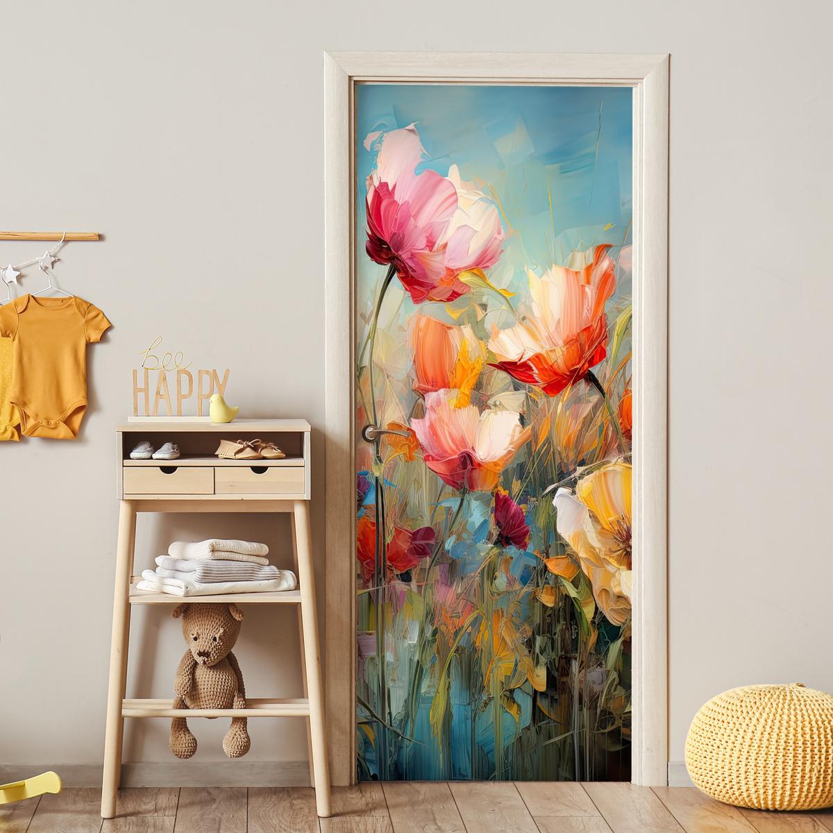 TÜRAUFKLEBER Blumen - Aquarell - Kunst - Botanisch - Natur 90x215 cm - Türtapete - Orange, Kunststoff (90/0.1cm) - MuchoWow