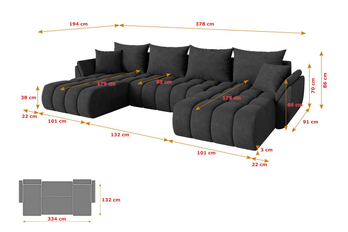 WOHNLANDSCHAFT mit Schlaffunktion und Bettkasten TOKO-U-v1 378x194x86 Dunkelgrau Velours - Anthrazit/Schwarz, Holzwerkstoff/Kunststoff (378/86/194cm) - ALTDECOR
