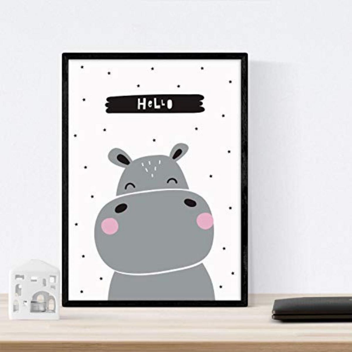POSTER Set mit 4 Bär, hipopotamo und Kaninchen Tiere A4 Schwarzer Rahmen - Schwarz, Papier (29.7/3cm) - Nacnic