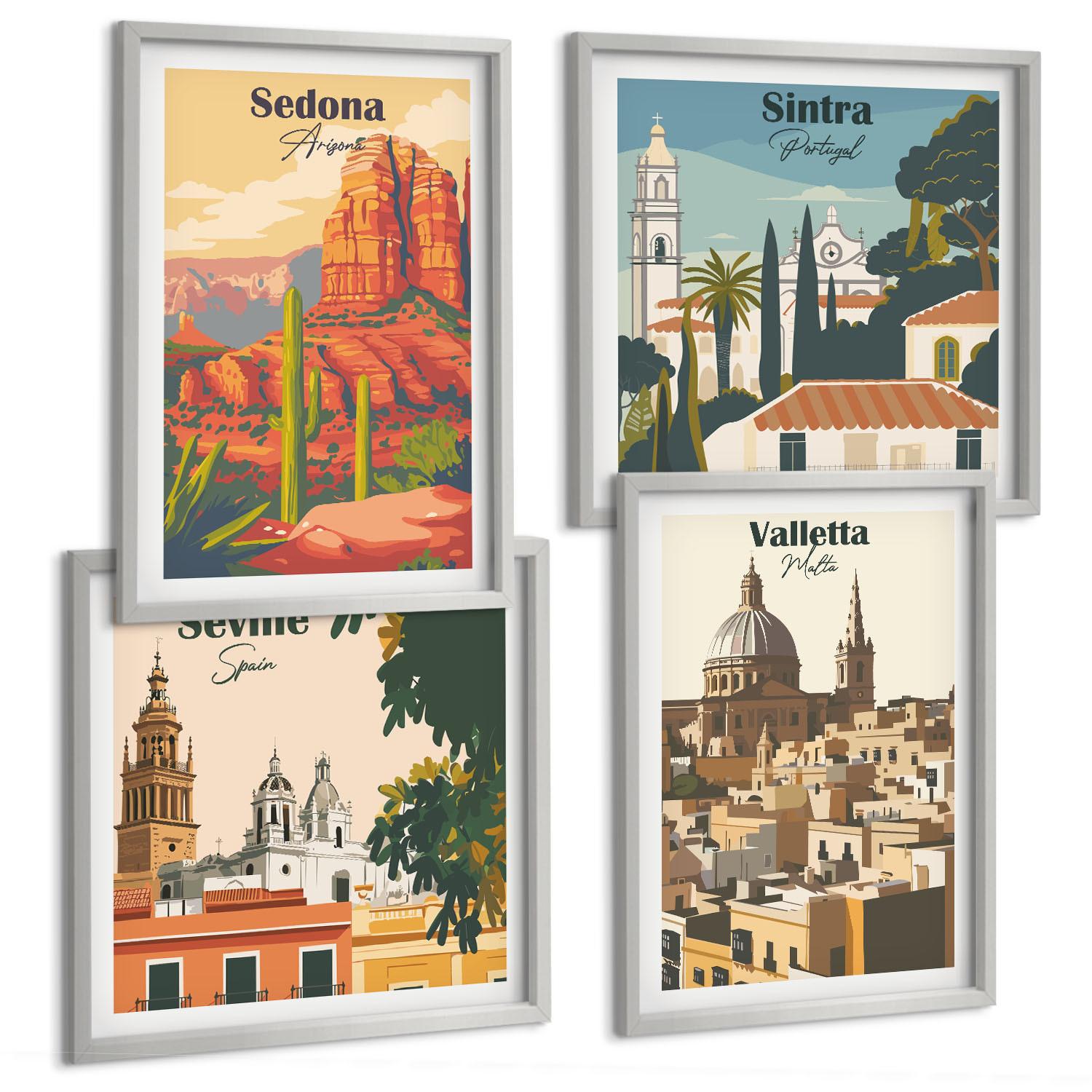 BILDER SET 4er Set - 50x50 cm & 40x60 cm Silberner Rahmen - Retro-Stadtansichten Sedona Sintra - Silberfarben, Kunststoff (50/50cm) - TULUP