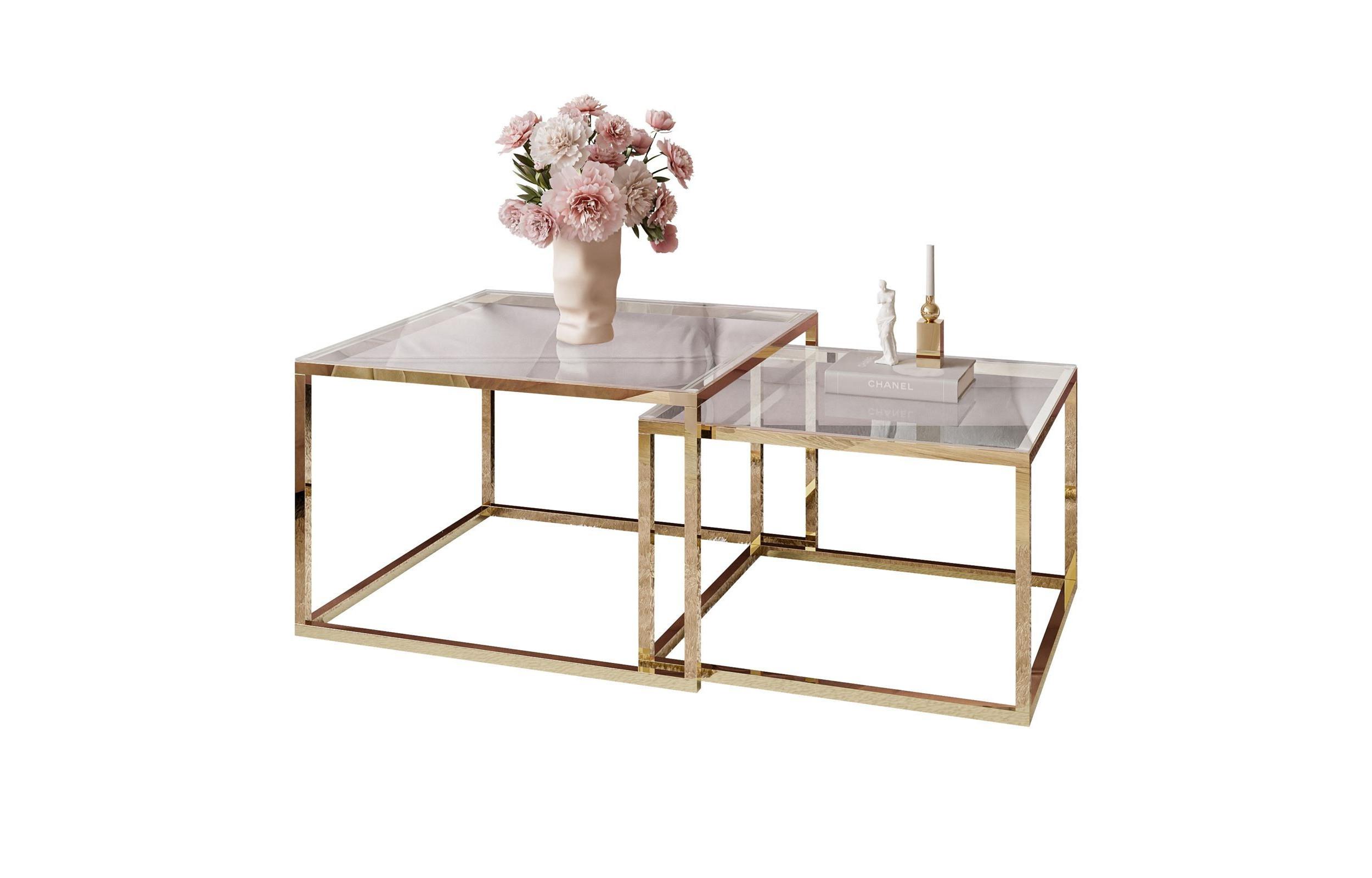 COUCHTISCH YOSHI 2in1 70/70/41 cm Gold chrom / Transparent Glas - Transparent, Glas/Metall (70/70/41cm) - Lookway