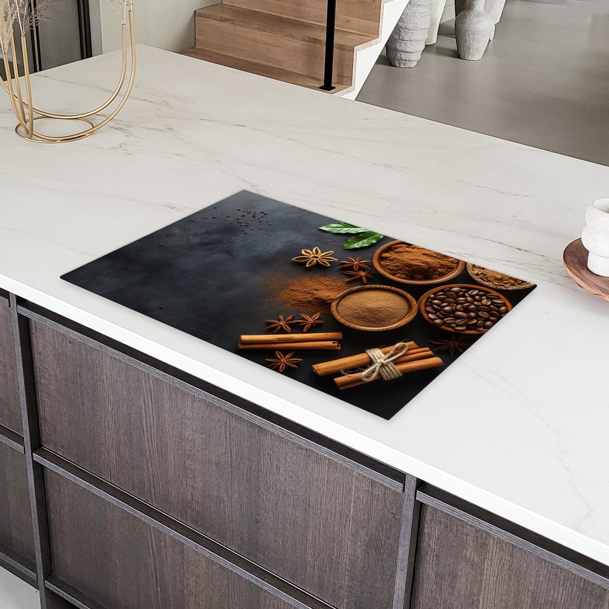 HERDABDECKPLATTE Zimt - Beton - Kaffee - Zimtstangen - Gewürze Abdeckung Ceranfeld 81.2x52 cm - Mokka, Kunststoff (81.2/52/0.2cm) - MuchoWow