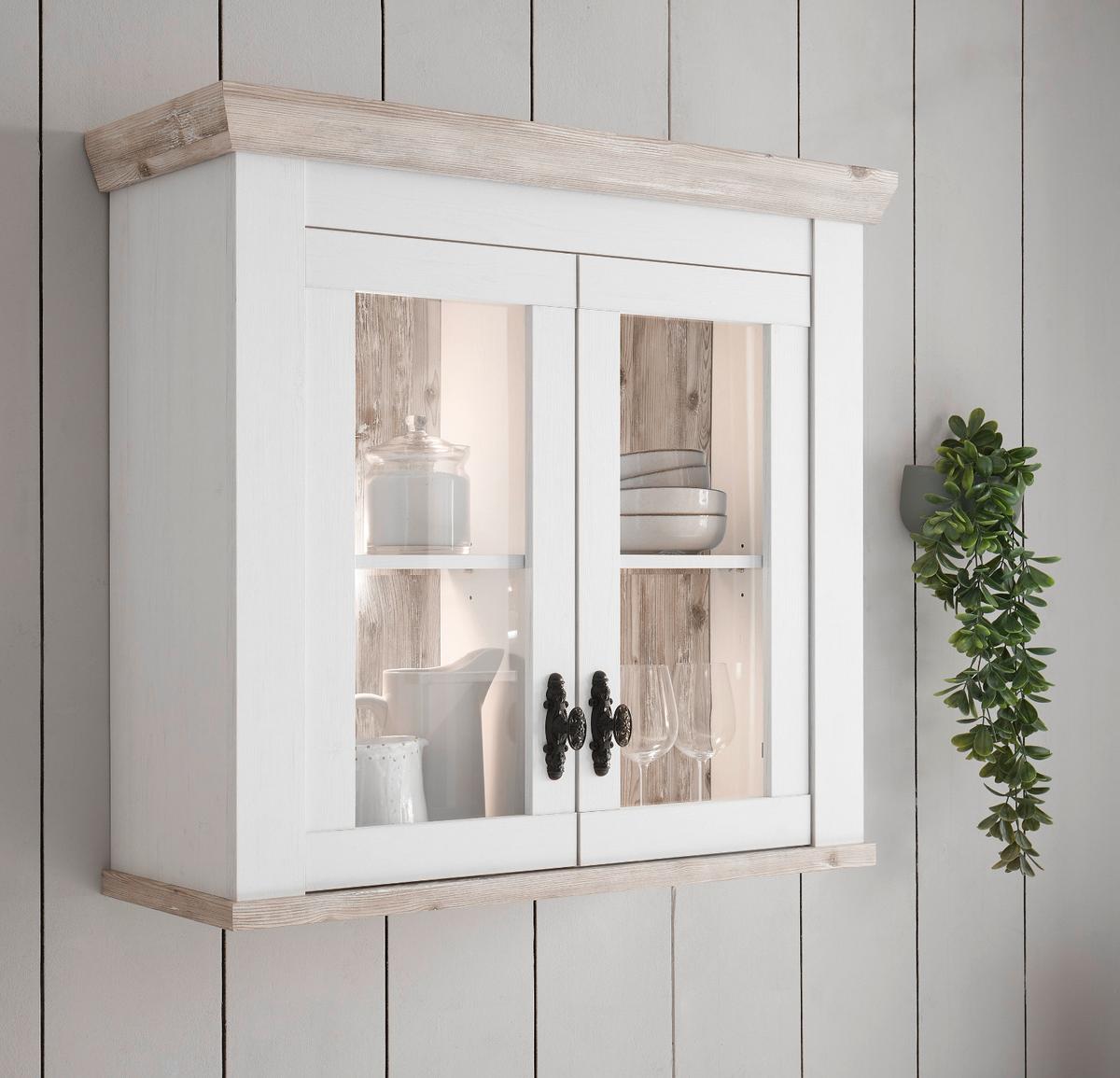 HÄNGESCHRANK weiß Pinie Landhaus, Küchenschrank hängend 92 x 85 cm, Soft-Close - Schwarz/Weiß, Glas/Holzwerkstoff (92/85/34cm) - Furn.Design